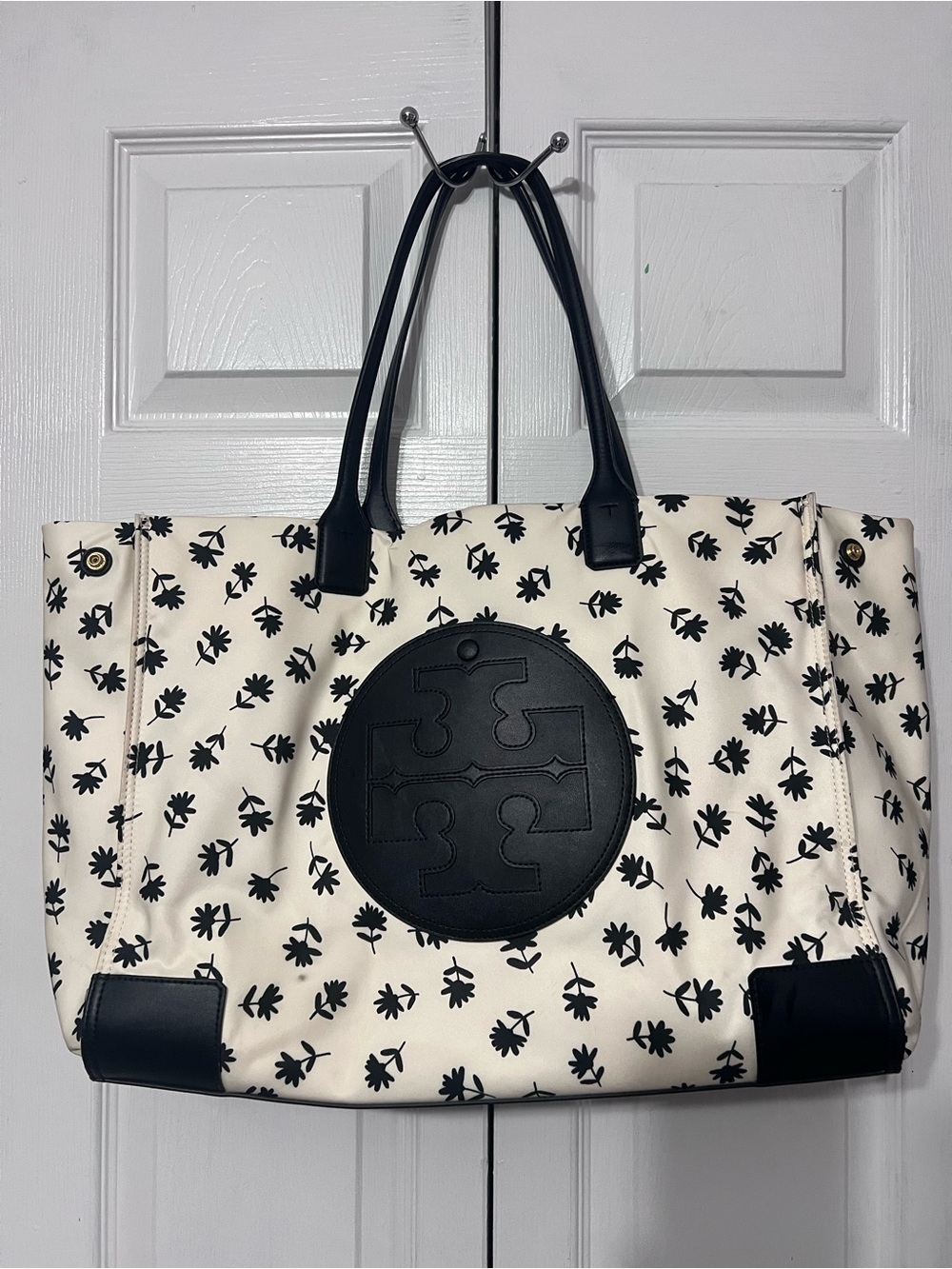Tory Burch Black & White Floral Logo Tote
